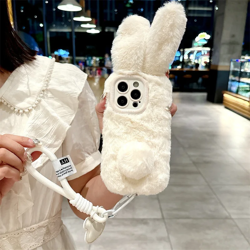 3D Cute Cartoon Rabbit Ears Warm Furry Plush Bunny Phone Case With Lanyard For iPhone 15 14 13 12 11 16 Pro Max Shockproof Cover view 6