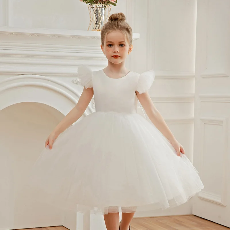 Girls Party Dresses Elegant Big Bow White Wedding Bridesmaid Princess Dress Girls First Communion Baptism Birthday Party Gown