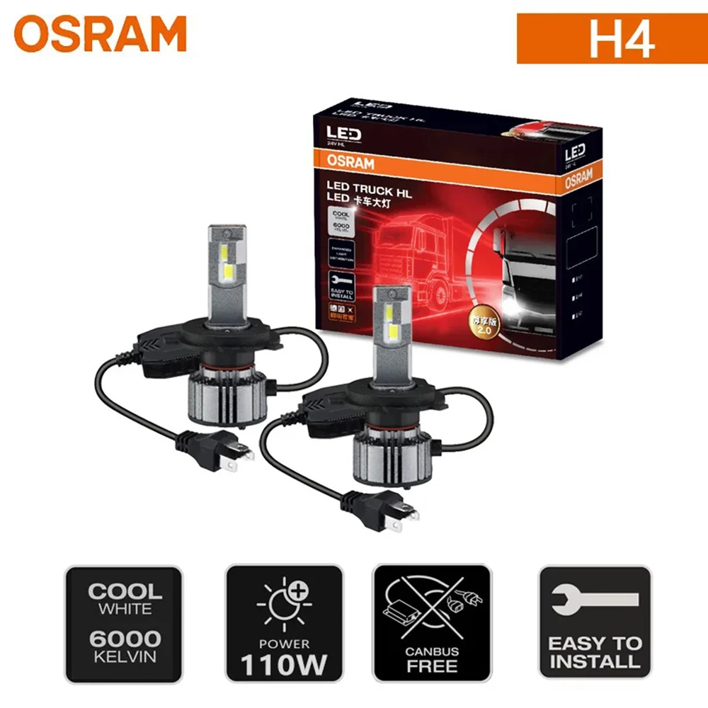 

OSRAM TRUCK ZX2.0 LED HL H4 24V Truck Headlight 110W Super Power 6000K Cool White High Low Beam Original Lamps A2245CW, Pair