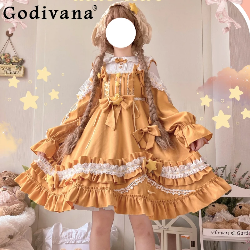 

Original Japanese Sweet Lolita Dress Women Cute Little Star Ruffles Long Sleeve Y2k Princess Dress Lady Kawaii Tea Party Dress