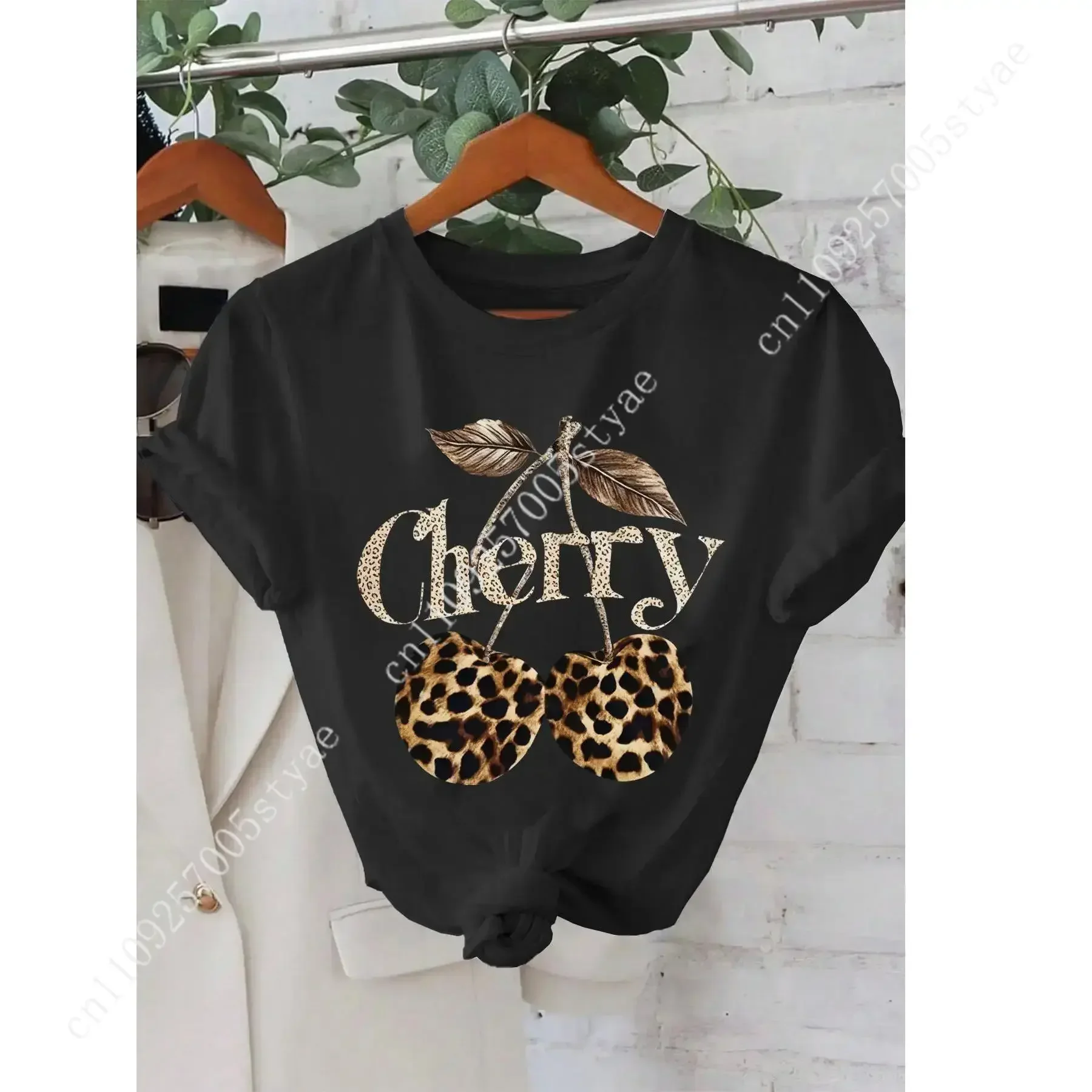 Women's Cherry & Leopard Print Round Neck Graphic Tee, Vintage Trendy Casual Short Sleeve T-shirt for Daily Wear, Ladies All Sea