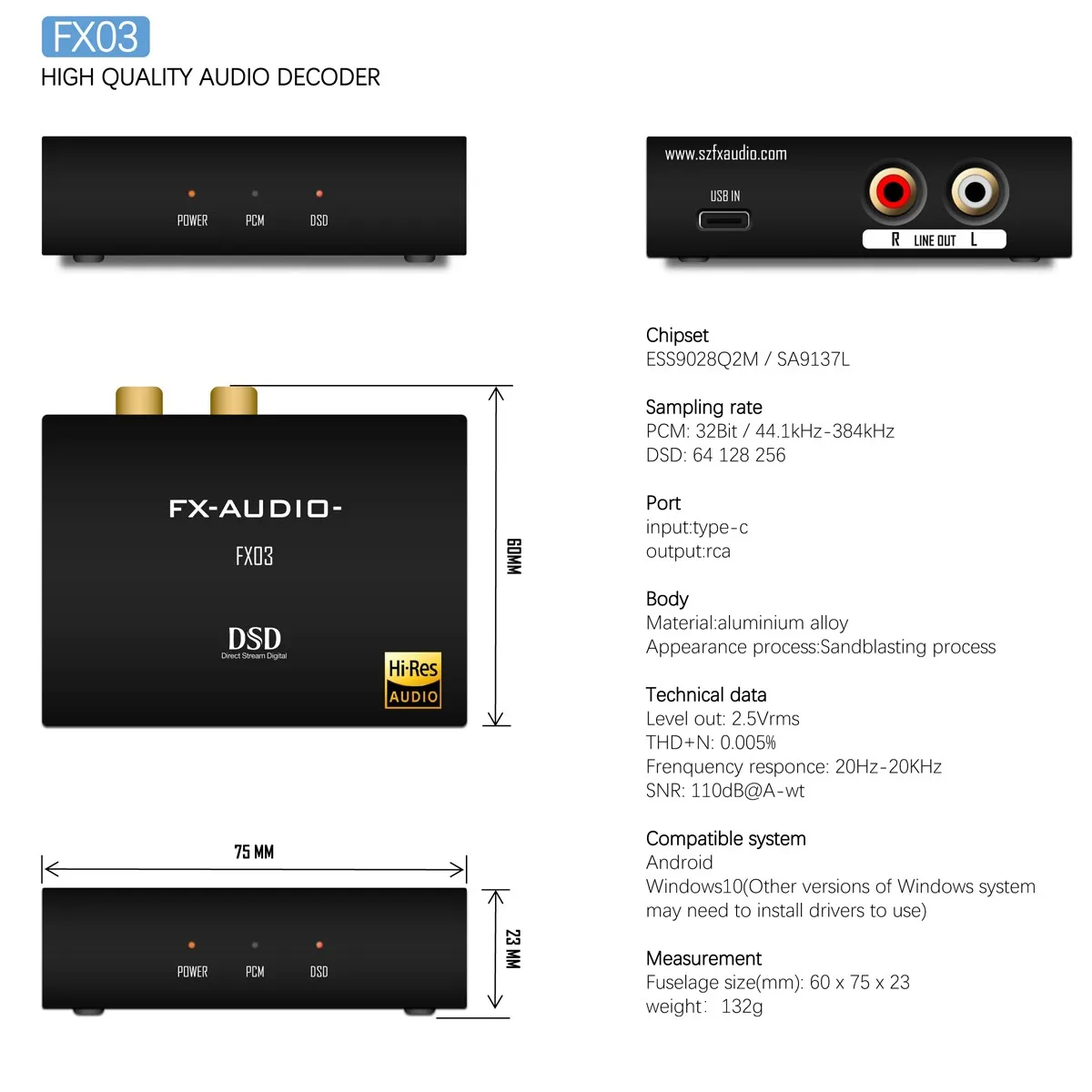 FX-AUDIO FX03 MINI Type-C DAC ESS9028Q2M SA9137L Support DSD64 DSD128 DSD 256 or PCM 32Bit / 384kHz