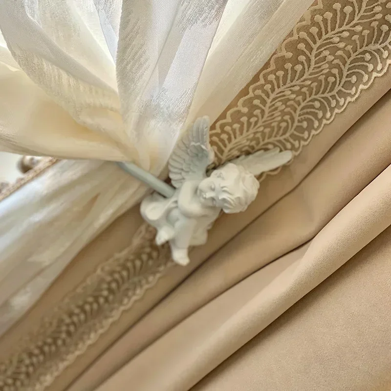 

French Light Luxury Blackout Velvet Beautiful Romantic Fairy Milk Tea Color Lace Curtain Curtains for Living Dining Room Bedroom
