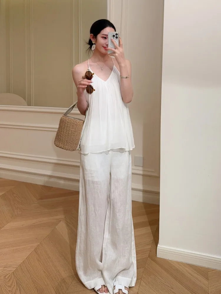 New Spring Fashion Versatile Women V Neck 100% Silk Straps Tops Solid Color Sleeveless Hood Designer Elegant Ladies Wide Waisted