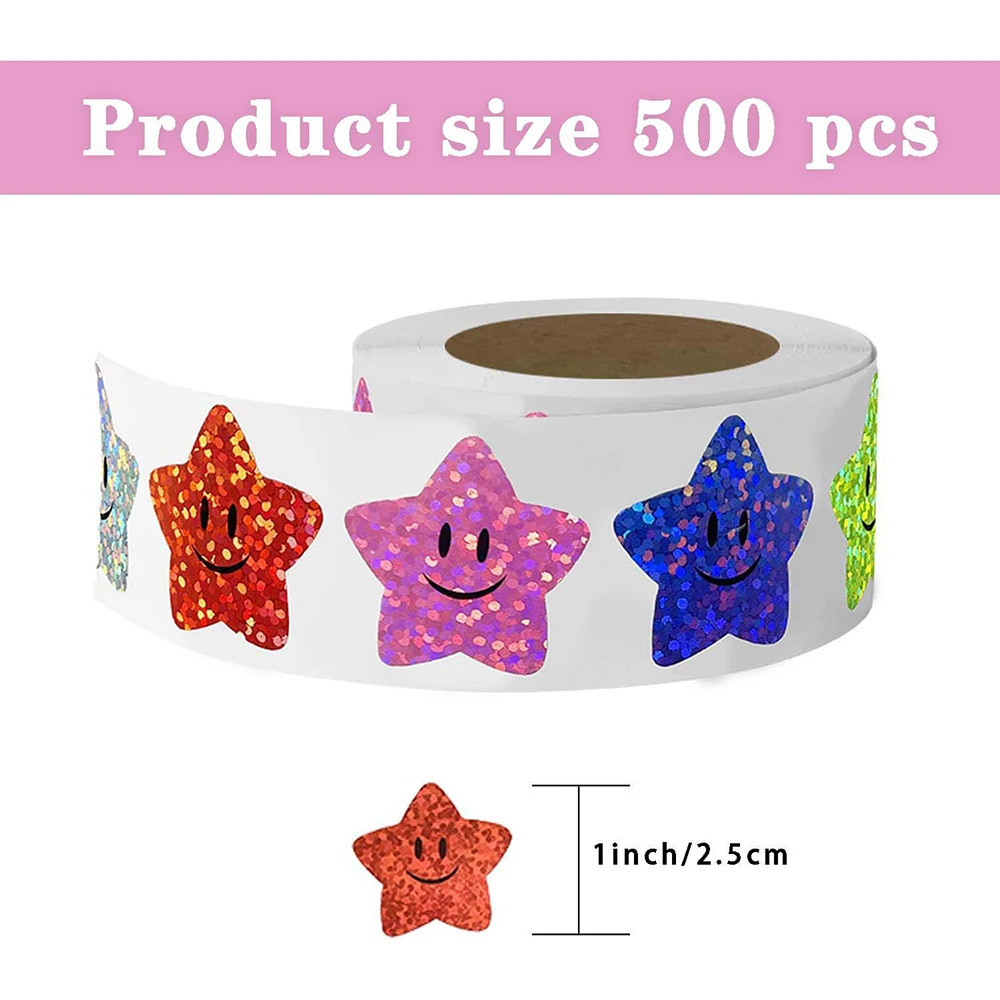 500pcs Holographic Star Labels Reward Stickers To Kids Corlorful Adhesive Star Roll Stickers Personalized Handmade Bag Seal Tags