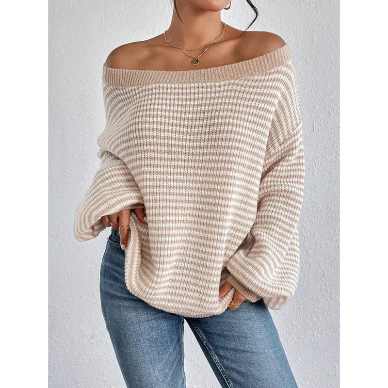 New arrivals for autumn and winter: Women's tops. One-shoulder striped off-the-shoulder knitwear. Drop shoulder sleeves. Lazy an