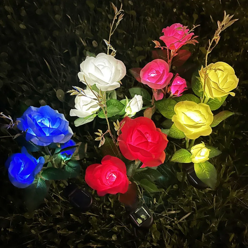 New 1 Head LED Simulated Solar Lights Waterproof 4 Colors Garden Solar Lights Rose Flower Lawn Lamp for Yard Patio Garden Decor