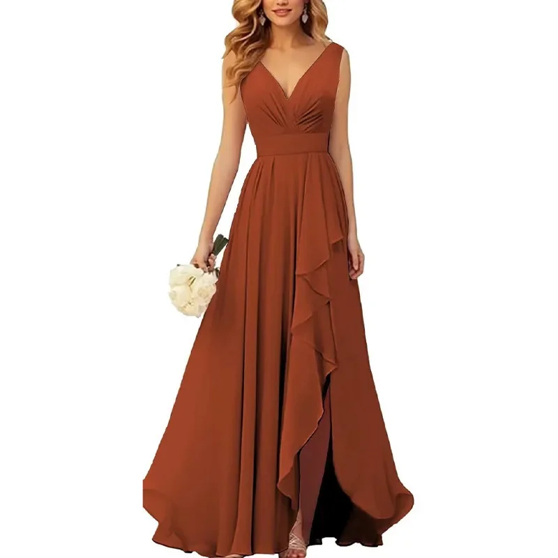 Casual Women V Neck Bridesmaid Dresses 2024 New Fashion Slit Long Ruffle Formal Evening  Dress Wedding Party Gowns Chiffon Dress