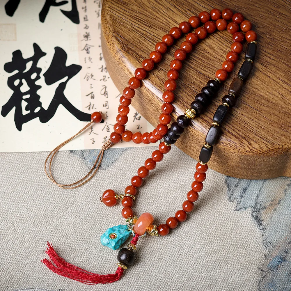 Handmade Stringed South Red Agate Necklace Vintage Style Turquoise Pendant Buddhist Bead Peachy Sweater Chain Jewelry Gifts