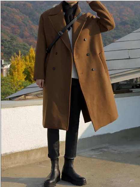 

Winter men's British style woolen coat men's Korean version of the trend loose mid-length over the knee woolen coat size 3XL