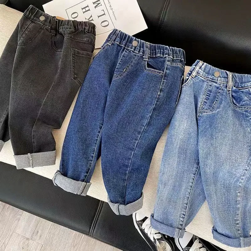 Kids Boys Jeans 2023 Spring And Autumn New Fashionable Elastic Children\'s Clothing Boys Loose Thin Denim Long Pants