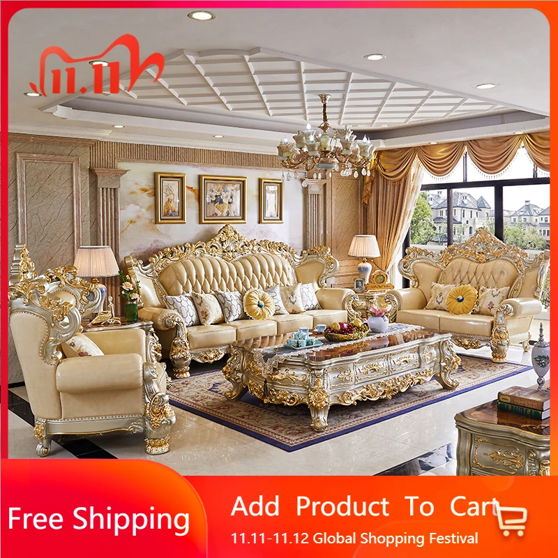 

Elegant Couch Living Room Sofa Genuine Leather Solid Wood Living Room Sofa Elegant Lounge Europe Apartment Divano Room Furniture