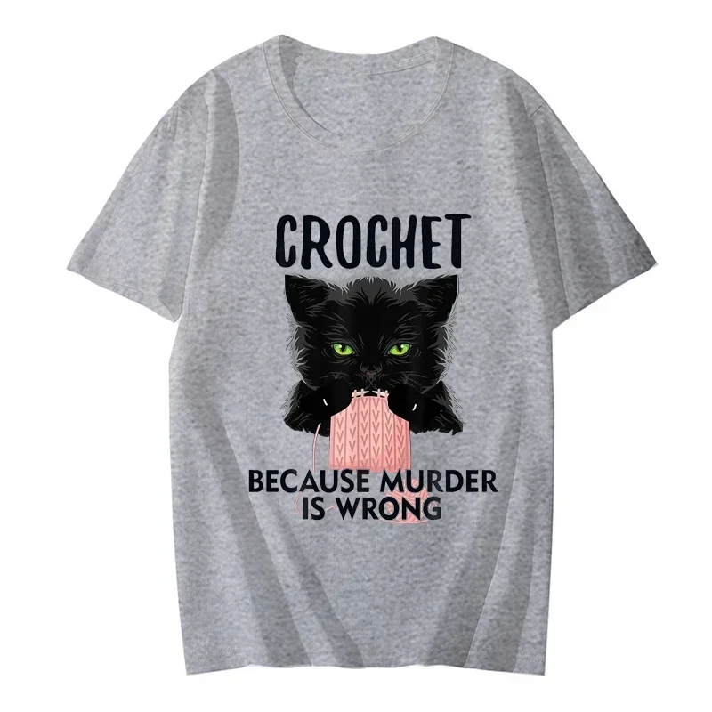 Women's Hip Hop T-Shirt Crochet Because Murder Is Wrong Black Cat Tops Harajuku Fashion Tee Shirt Female Y2k Tops Summer Clothes