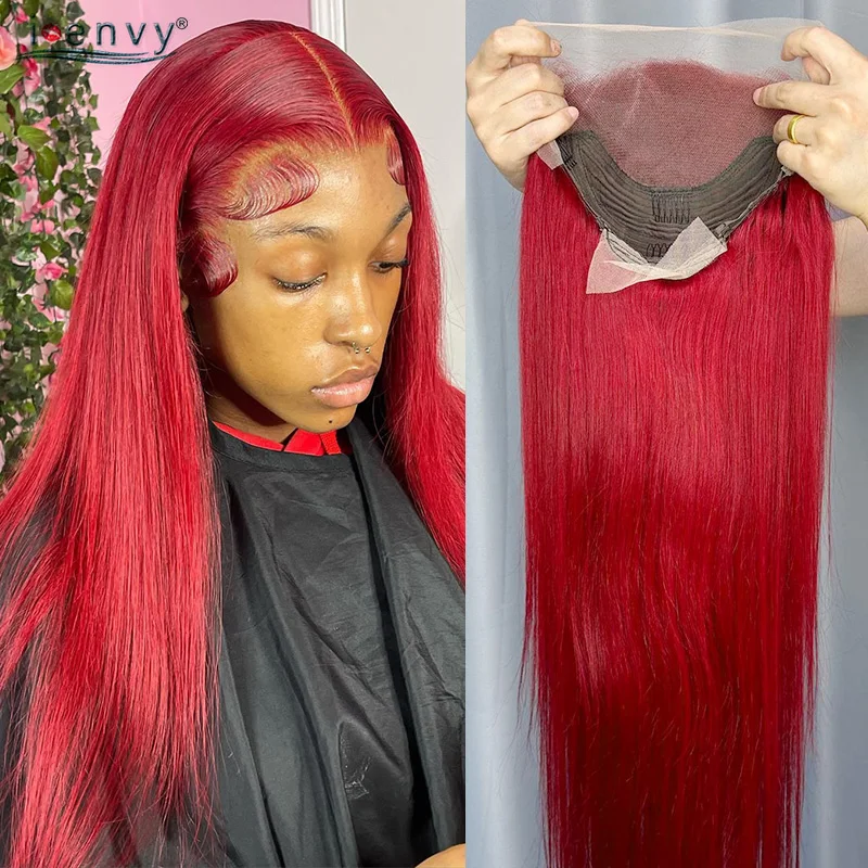 

Summer Cherry Red Lace Frontal Wigs Straight 13X6 Transparent Lace Front Wig For Women Burgundy 99J Human Hair Wigs Pre Plucked