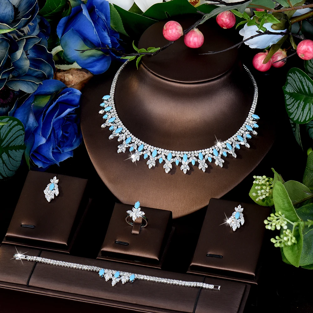 

HIBRIDE Pretty Women Blue Jewelry Necklace Earrings Bracelet Set Suitable for Wedding Prom Holiday Bridal Dress Gift S-980