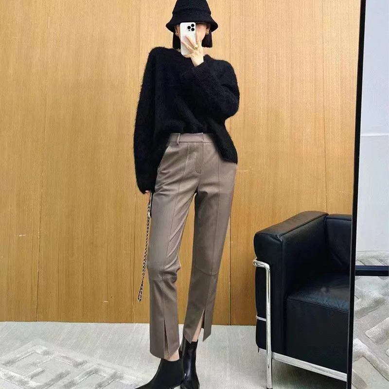 

2023 Women New Genuine Sheep Leather Pants Front Split Real Sheepskin Pants E43