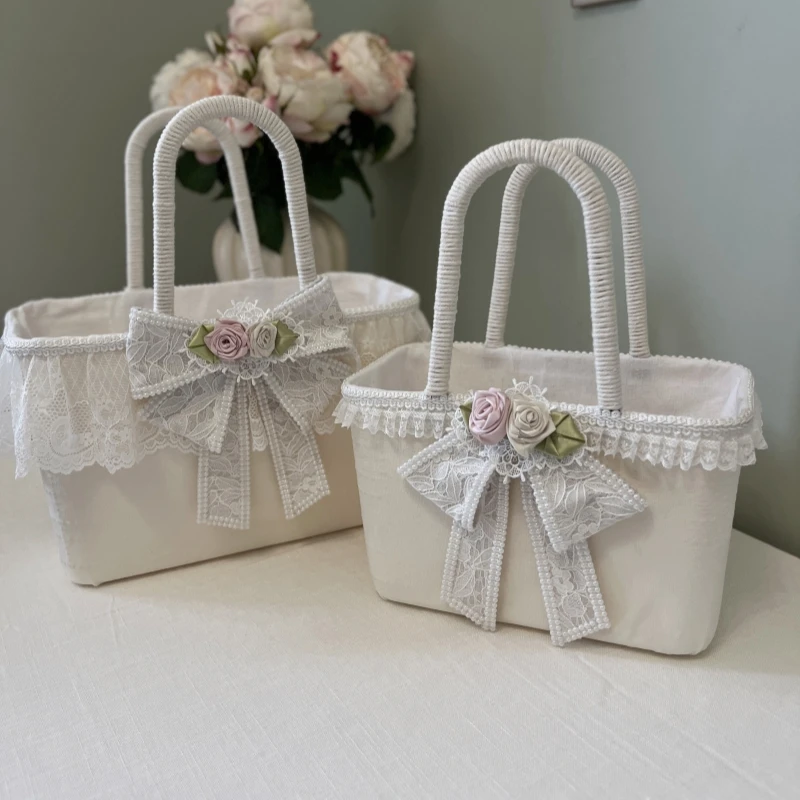 Pastoral Picnic Basket Wedding Flower Basket French White Lace Velvet Hand Basket Romantic Bow Home Decor Storage Organizer