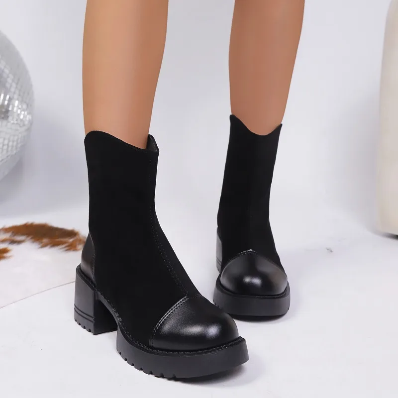 

Spliced Suede Booties Winter New Round Toe Platform Side Zipper Non-Slip Wear-Resistant Block Heel Cotton Shoes