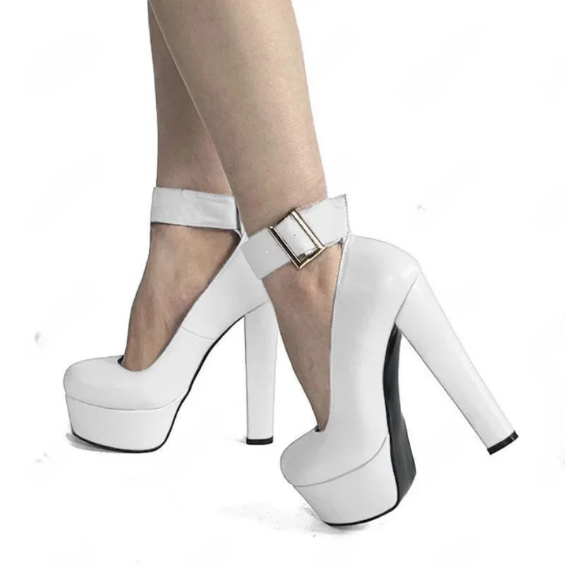 SHOFOO Fashionable women's high heels. White/pink matte leather single shoes About 13cm heel height Ankle buckle strap Round toe