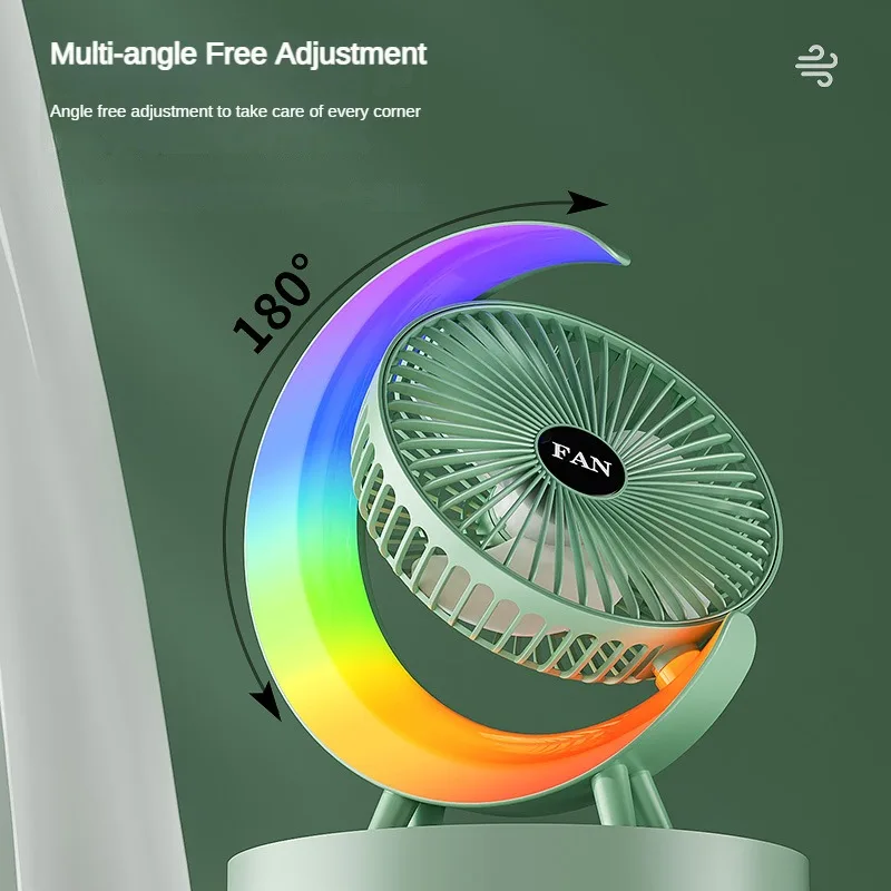 Ventilador pequeno de mesa, luz de rolagem, alta potência eólica, ajuste de 3 velocidades, acampamento ao ar livre, dormitório doméstico, carregamento usb portátil