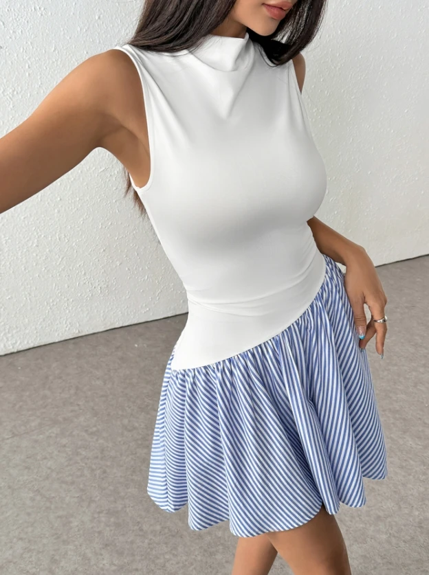 

Women's Sweet Dress 2025 Spring Summer Latest Casual Style Sleeveless Half High Neck Mini Dress Waist Pleate Striped Short Skirt