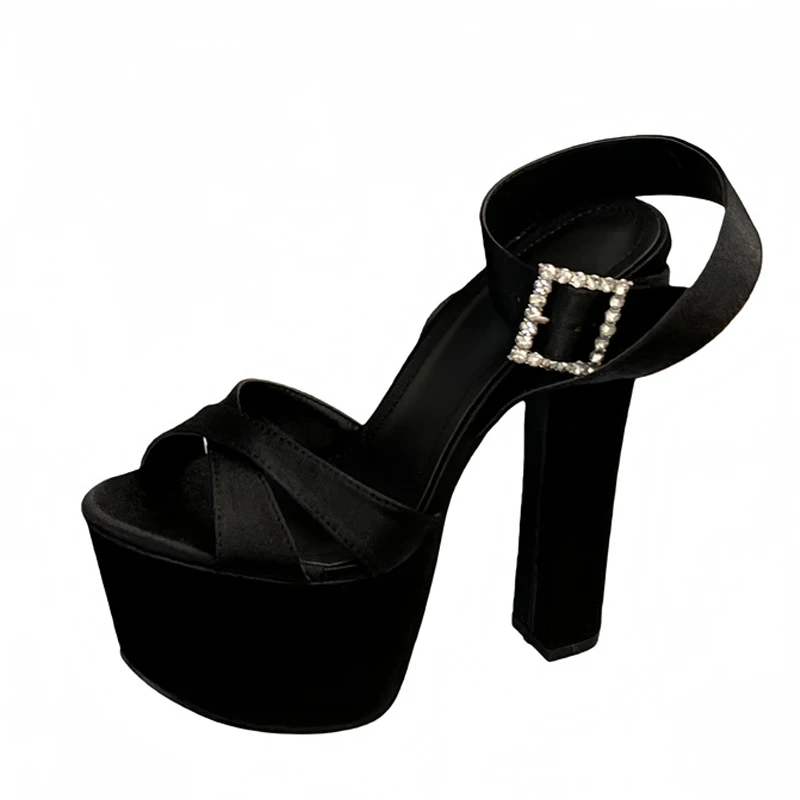 Liyke Summer Street Sexy 16CM Sandals Women Fashion Big Crystal Rhinestone Buckle Strap Chunky Platform High Heels Ladies Shoes