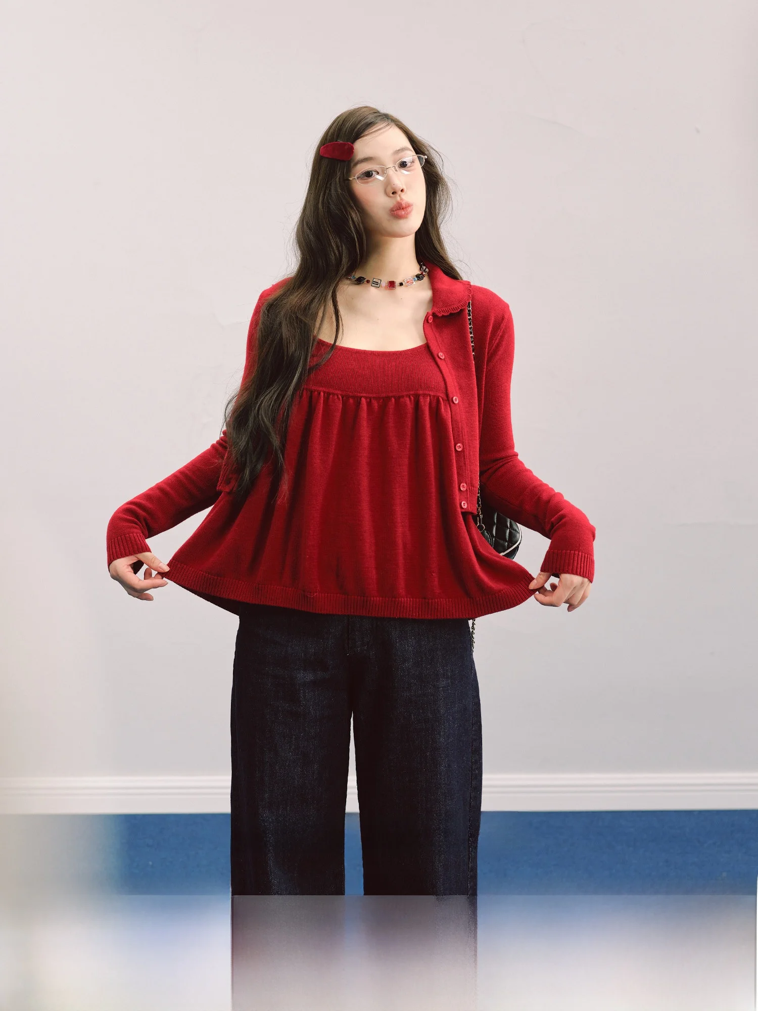 

La Lune Du Ciel Корейский короткий вязаный кардиган с воротником-стойкой, милый новогодний топ для женщин, зимняя модная одежда для повседневной носки