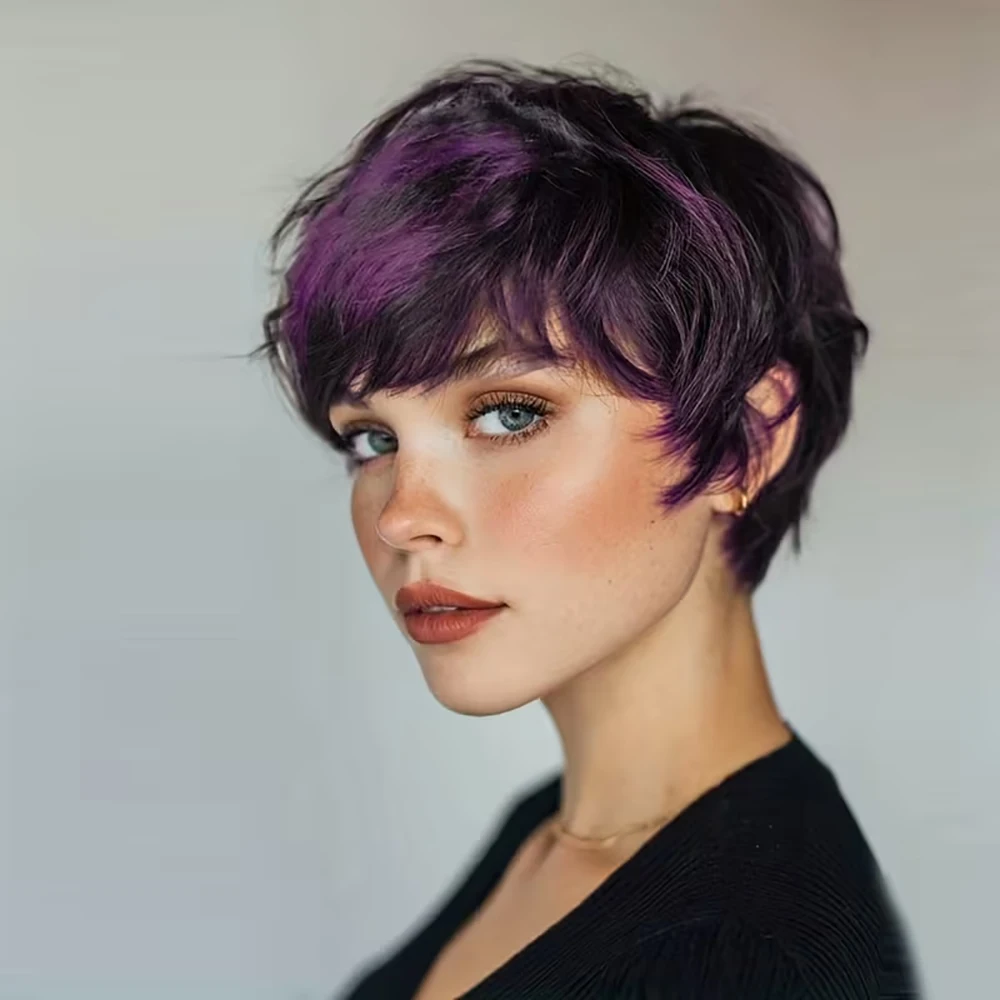 Parrucche per capelli umani corti lisci viola Parrucca taglio pixie con frangia a strati per le donne Berretto fatto a macchina per capelli bazili Evidenzia viola