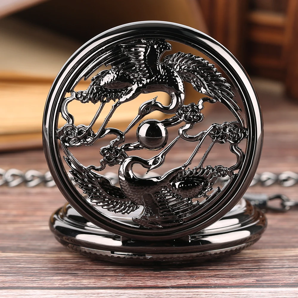 Exquisite Vintage Double Flying Crane The Sun Pattern Design Mens Mechanical Pocket Watch Antique Stylish Gift Retro Chain Clock