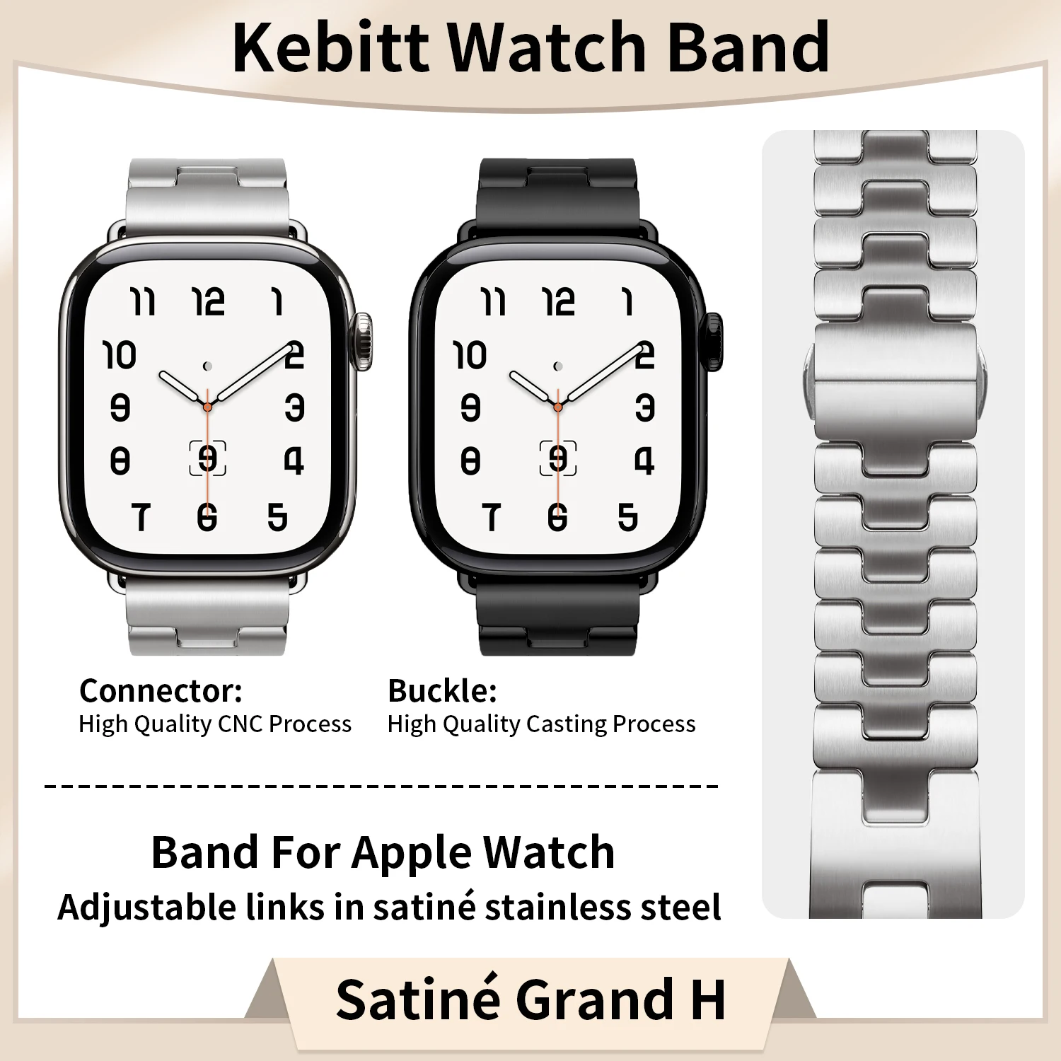 Kebitt Satine H Strap for Apple Watch Ultra 2/10/9/8/7/6 Stainless Steel Band Compatible with 49mm 46mm 45mm 44mm Watches