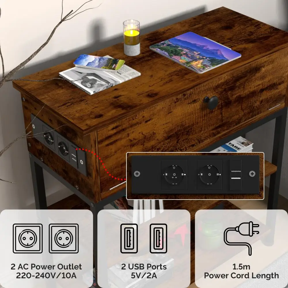 Multifunction Coffee Table With Charging Socket Function Retro Industrial Style Bedside Table For Living Room Bedroom Office HWC