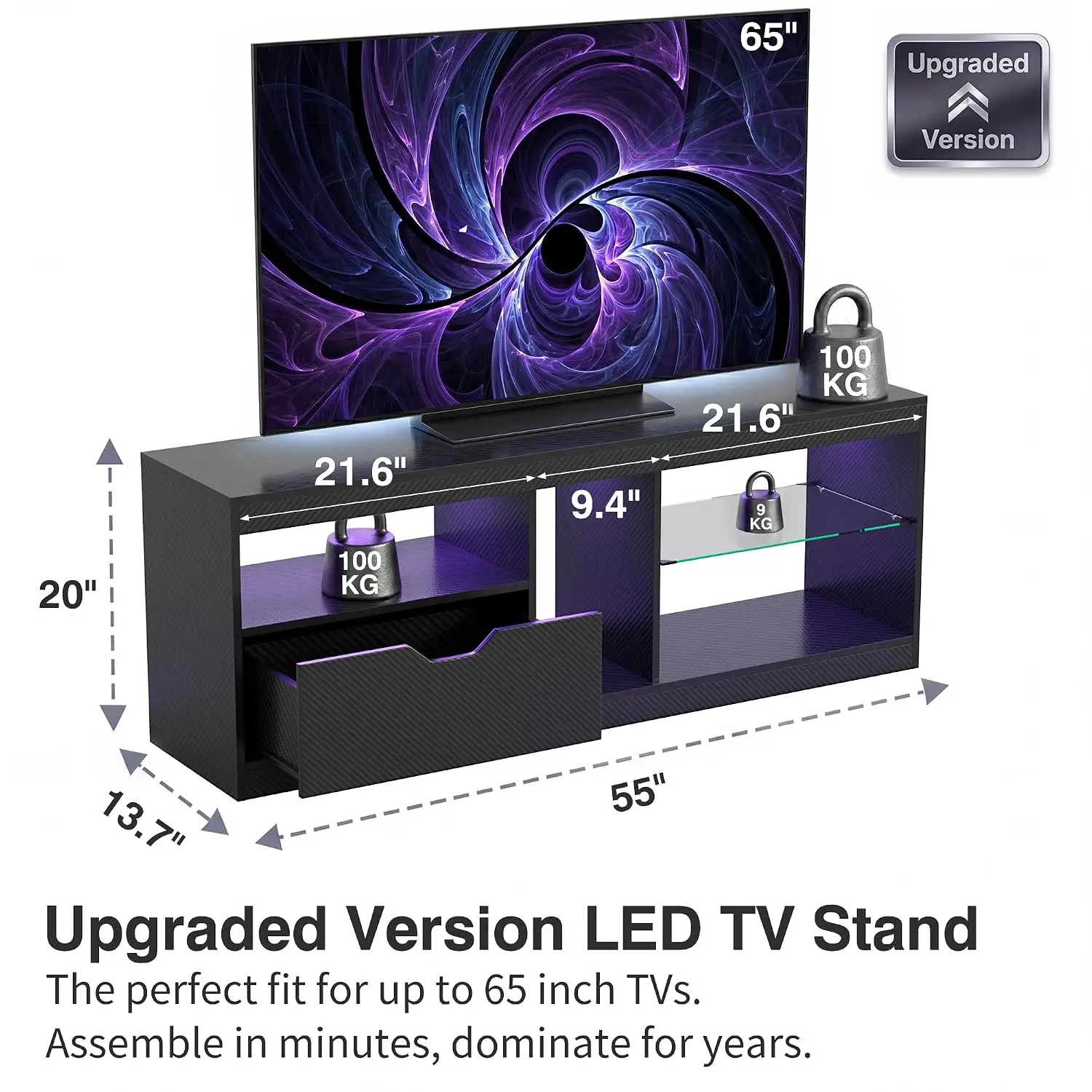 LED Gaming TV Stand 65+ Inch Carbon Fiber RGB Light Strips Adjustable Glass Shelf Storage Drawer Living Room Entertainment Cente