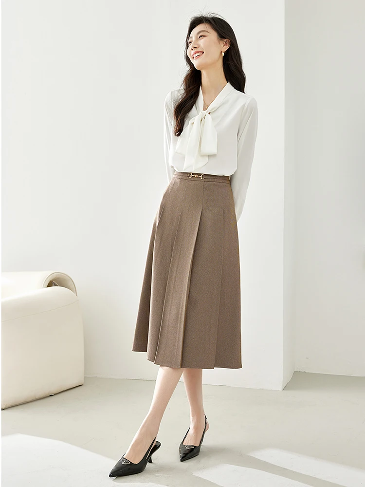 Vimly Chic and Elegant Midi Pleated Skirt for Women 2023 Autumn Winter Fashion Office Lady Coffee Flared A Line Skirts M2587