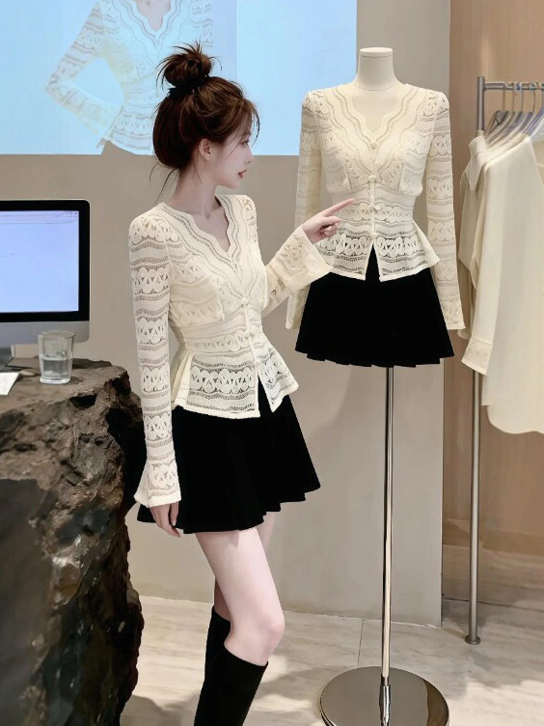 

Элегантное кружевное платье с V-образным вырезом и утягивающим эффектом на талии в корейском стиле, весна 2026, женское короткое платье