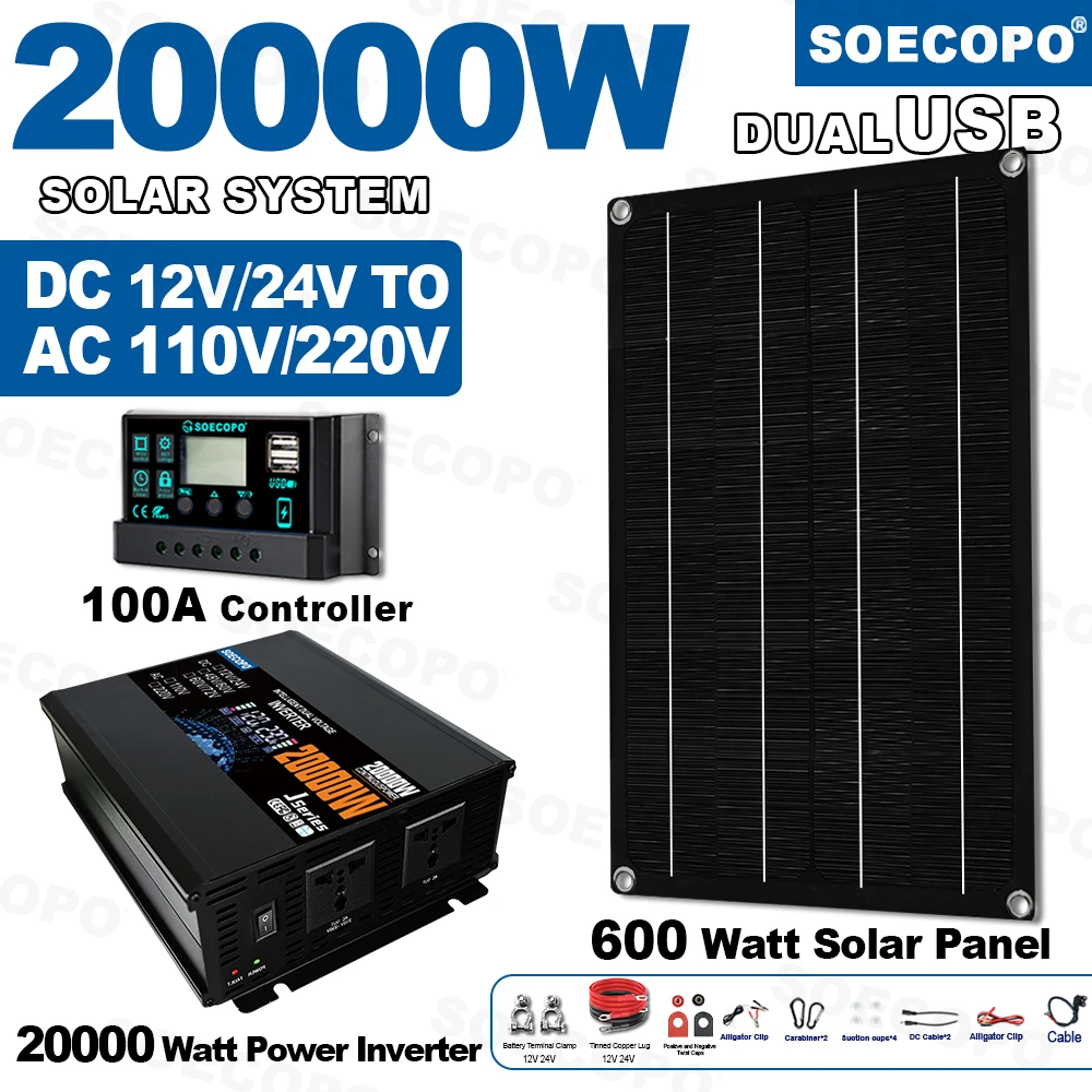 

SOECOPO 20000W Inverter(2 sockets) Complete Solar System Set 600W Solar Panel 100A Controller for Home Camping Emergency Use
