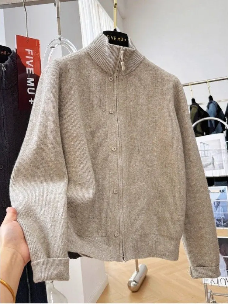 

Женский вязаный кардиган больших размеров с высоким воротником на молнии, свободного кроя, универсальный, с длинными рукавами, зимний, модный, в корейском стиле