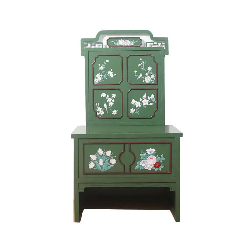 

New Chinese solid wood green decorative cabinet handmade green flower painted dresser retro jewelry table dressing table