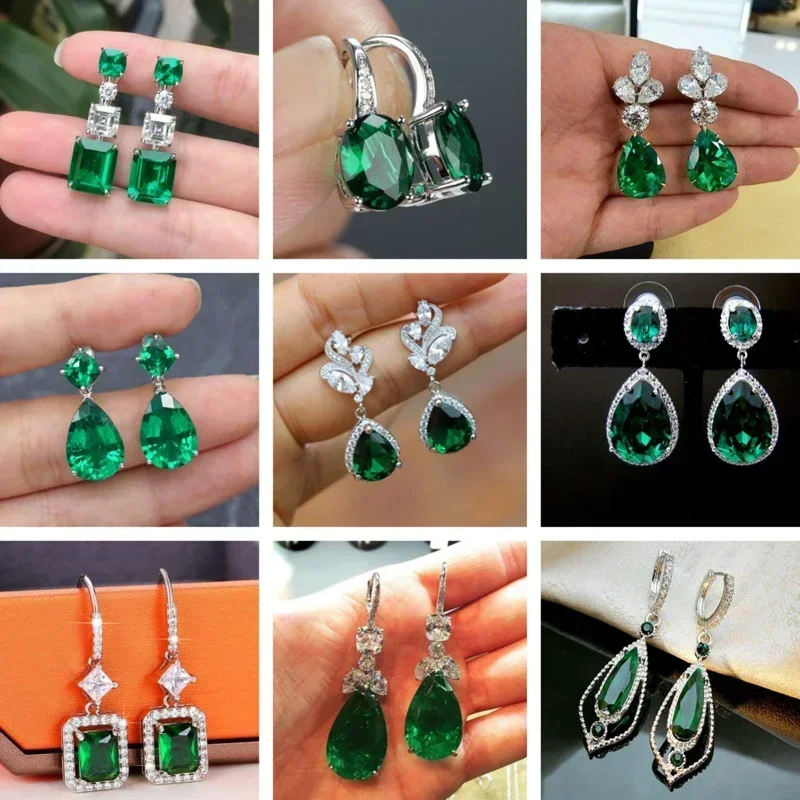 Elegant Retro Emerald Pendant Earrings for Women with Bright Green Zirconia Jewelry Gift Accessory for Party
