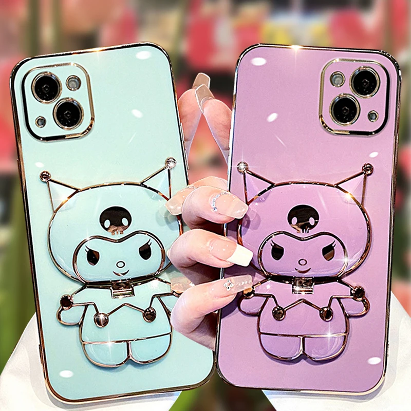 Plating Sanrio Kuromi Mirror Bracket Case for iPhone 14 11 Pro Max 13 12 Mini XS XR X 8 7 6S 6 Plus Luxury Soft Silicone Cover