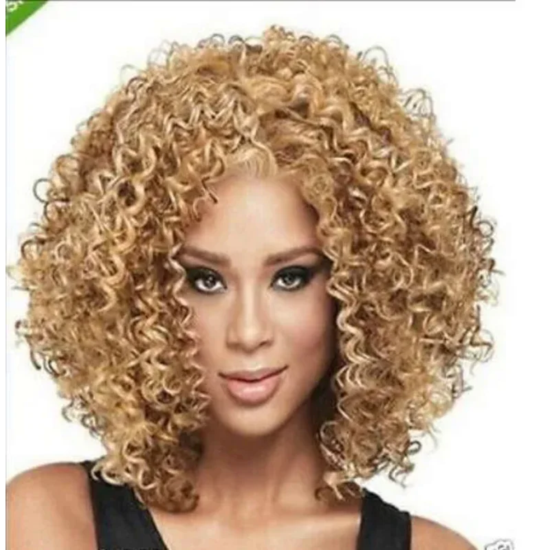 Peluca de pelo para mujer, pelo corto y rizado, resistente al calor, nueva mezcla rubia