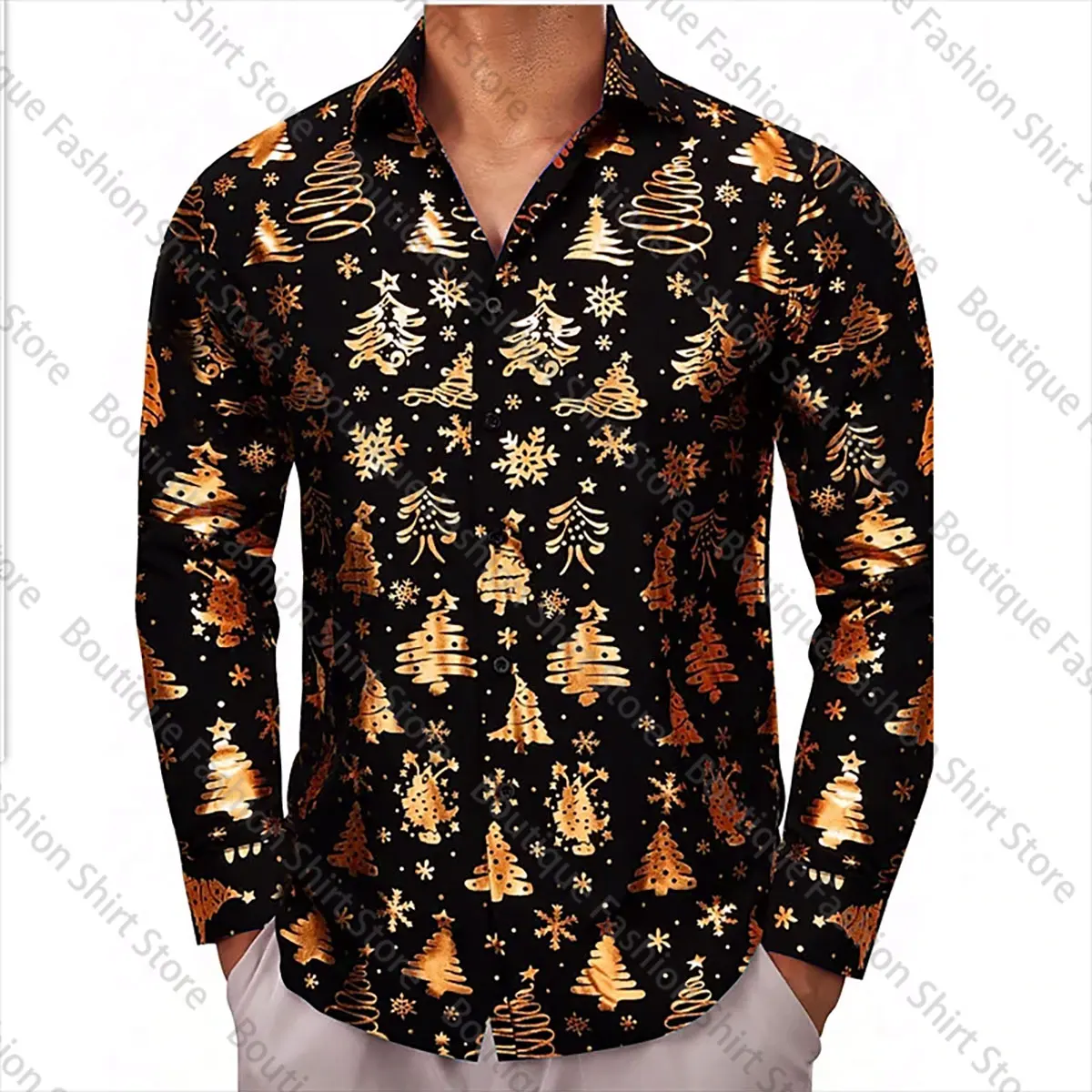 Camisa con estampado 3D de árbol de Navidad para hombre, camisa de manga larga con botones, Top de fiesta navideña, Año Nuevo, 6XL, 2024