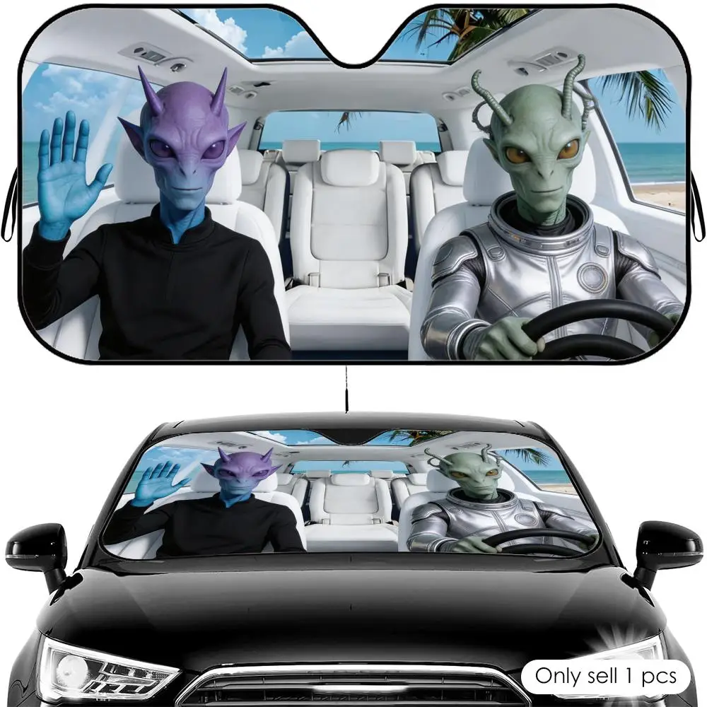 

Alien Family Road Trip Sun Visor Reusable Aluminum Foil Car Windshield Sun Visor UV Protector Heat Insulation Cover Shade