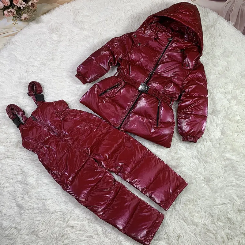 Children Down Jackets Pants Set Winter Girl Parka Toddler Kids Snow Coat Real Fur Collar Baby Outerwear Red Clothes Set Thick