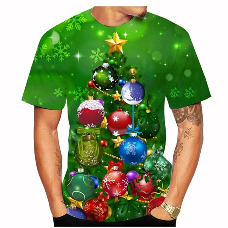 Short Sleeve Christmas Style Men's T-Shirts Streetwear Round-Neck 3D Print T Shirt Santa Claus Cartoon Pattern Tops Tee Big Size