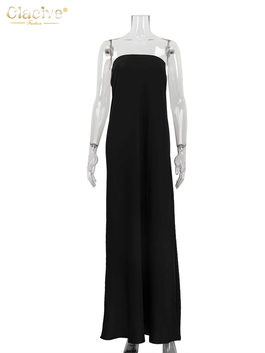 Clacive Summer Loose Black Women's Dress 2025 Fashion Strapless Sleeveless Maxi Dresses Sexy Classic Solid Dress Female Clothing