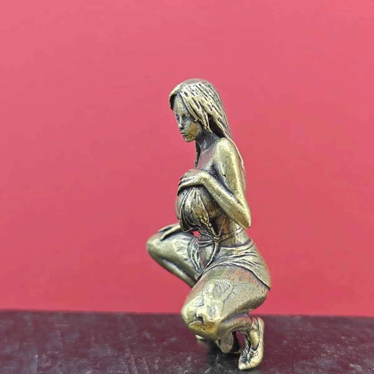 Brass Girl Squatting Pose Miniature Figurine, Handmade Ornament for Home/Tabletop Decor