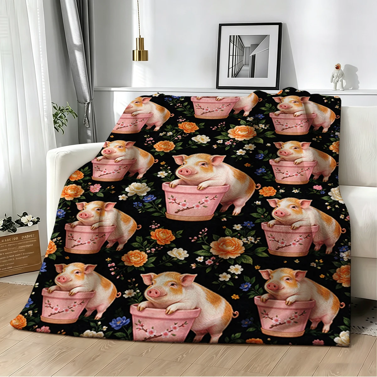 Piggy Love Pig Wheat Frame Flannel Blanket Warm Soft Halloween Christmas Decorative Couch Warm Cozy All-Season Gift