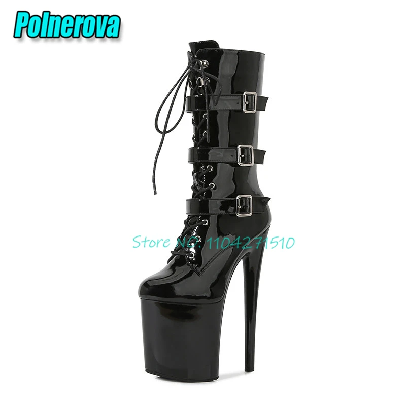 Mixed Colors Patent Leather Knight Boots Sexy Pointed Toe Platform 20Cm Super High Heels Mid-Calf Boots Nightclub Women's Shoes