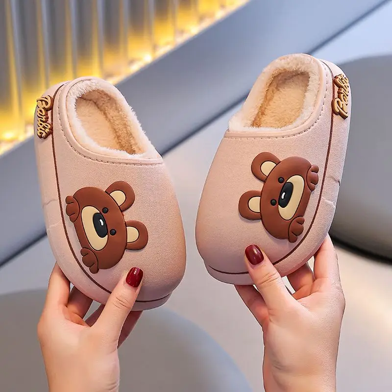 

Winter Warm Plush Slippers for Kids Boys Girls Non Slip Closed Toe Cartoon Design Toddler Home Shoes Big Children Fluffy Cute