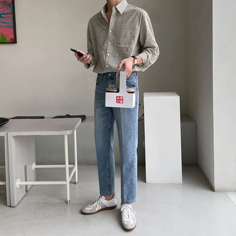 Celana Denim katun regang pria, Jeans panjang pergelangan kaki tipis desain Streetwear Korea celana Denim kasual H23 musim panas kualitas tinggi